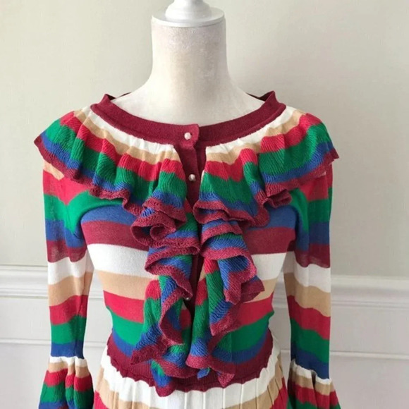 Bright Stripe Long Sleeve Dress Ruffle M - Picture 2 of 6